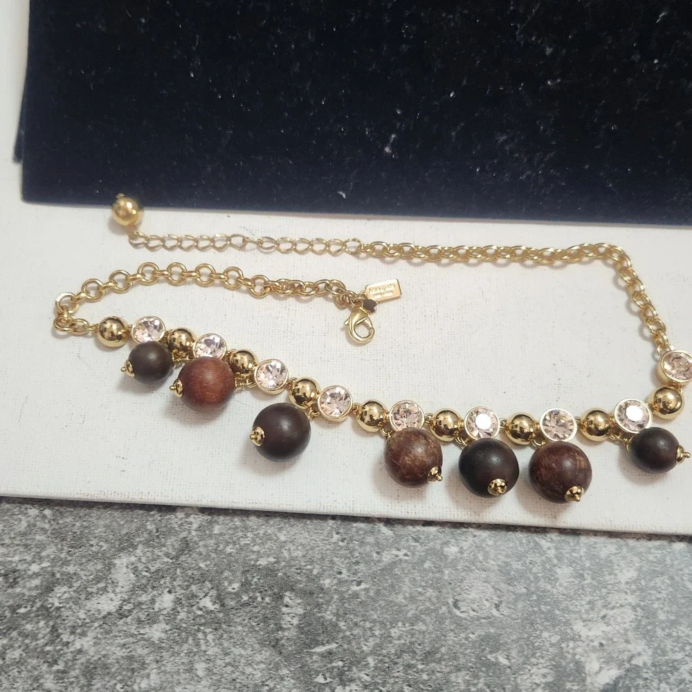 Kate Spade Gold Tone Wood Bead Crystal Statement Necklace Brown Mixed Media‎ Bib